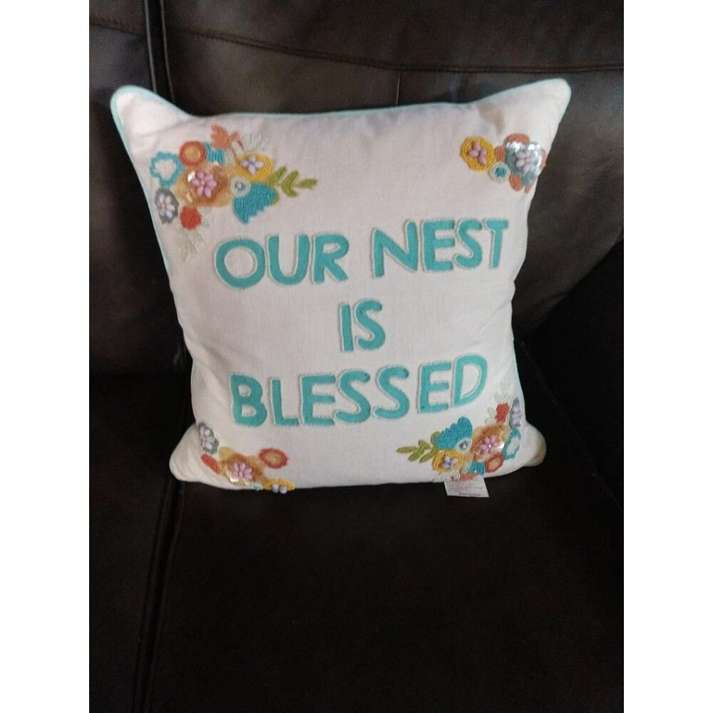 Bunny Tales Decorative Pillow With Embroidered/Beaded Message "Our Nest Is Bless